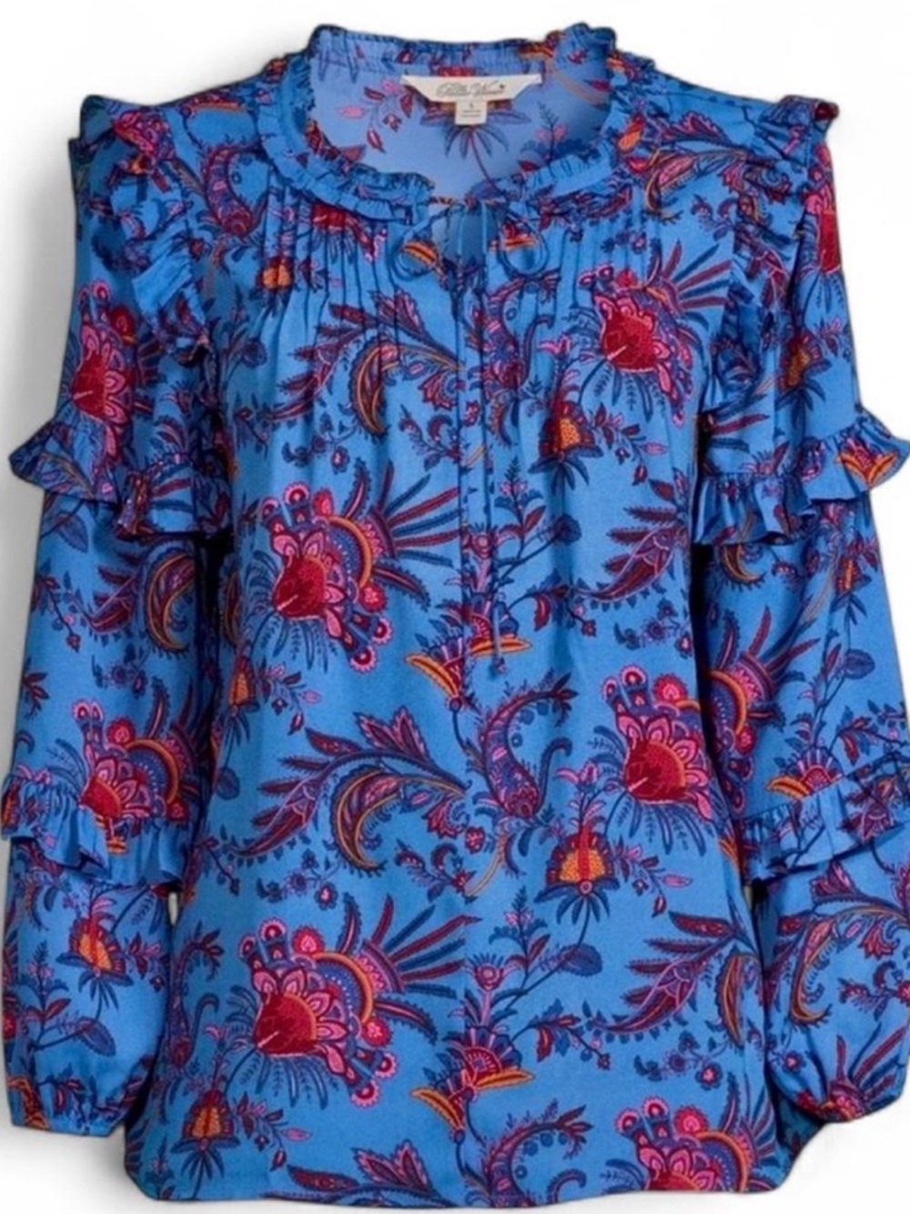 The Pioneer Woman Ruffle Pintuck Blouse with Long Sleeves Size M Moroccan Blue